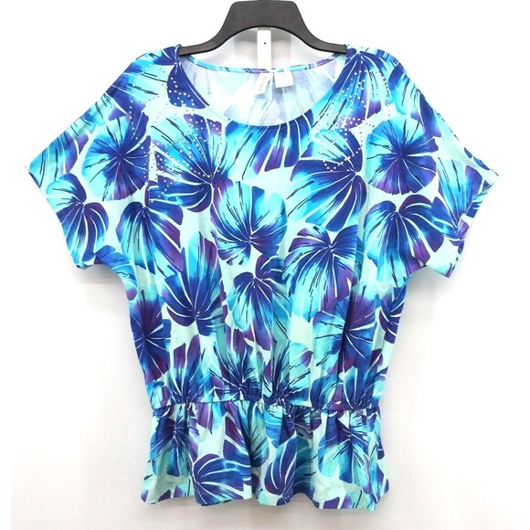 Palm Island Shirt Women's Size XL Blue Short Sleeve Gathered Blouse Top - Picture 1 of 5
